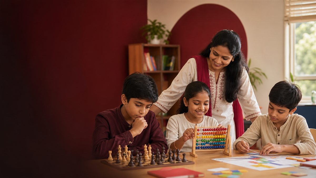 Children exploring chess, abacus and learning activities with their instructor