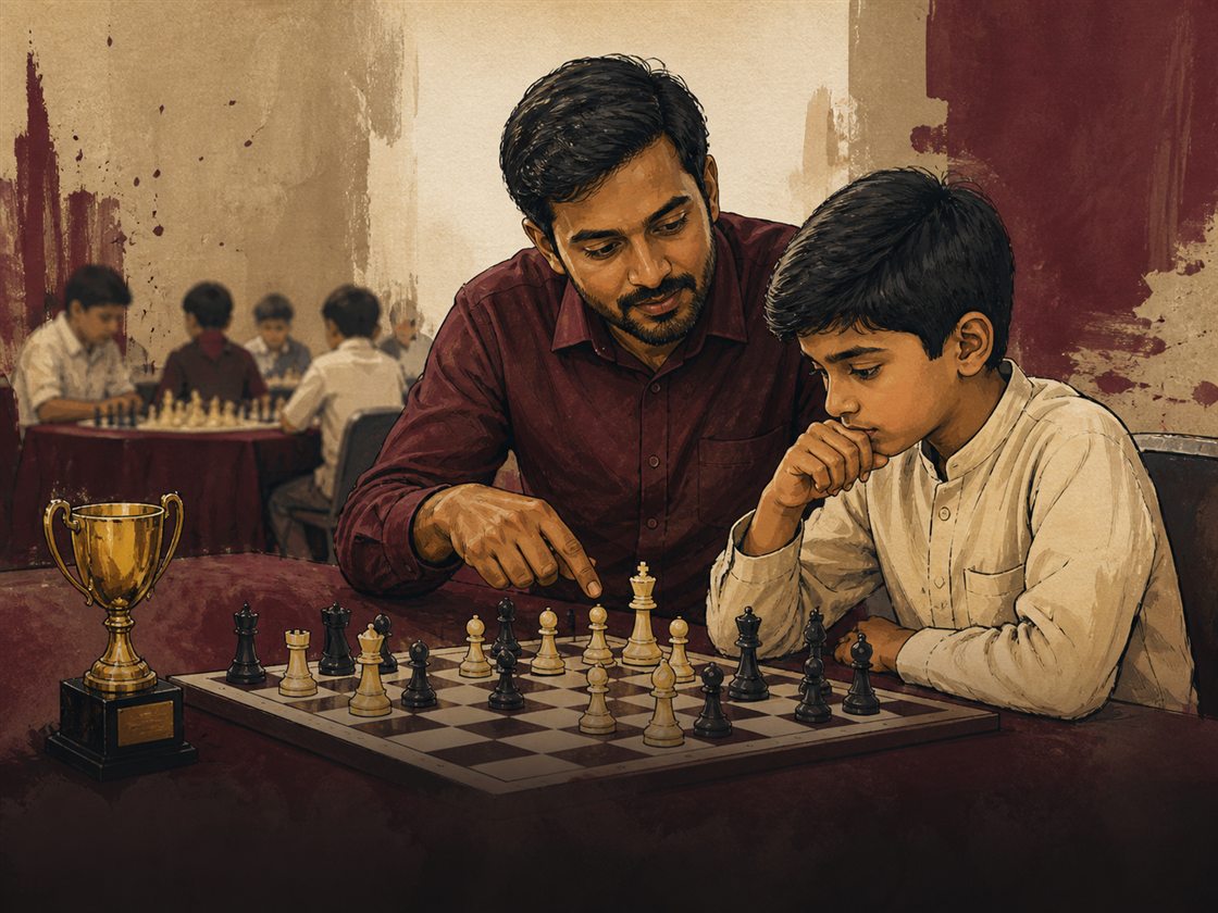 Young chess player receiving strategic guidance from a male coach at a tournament